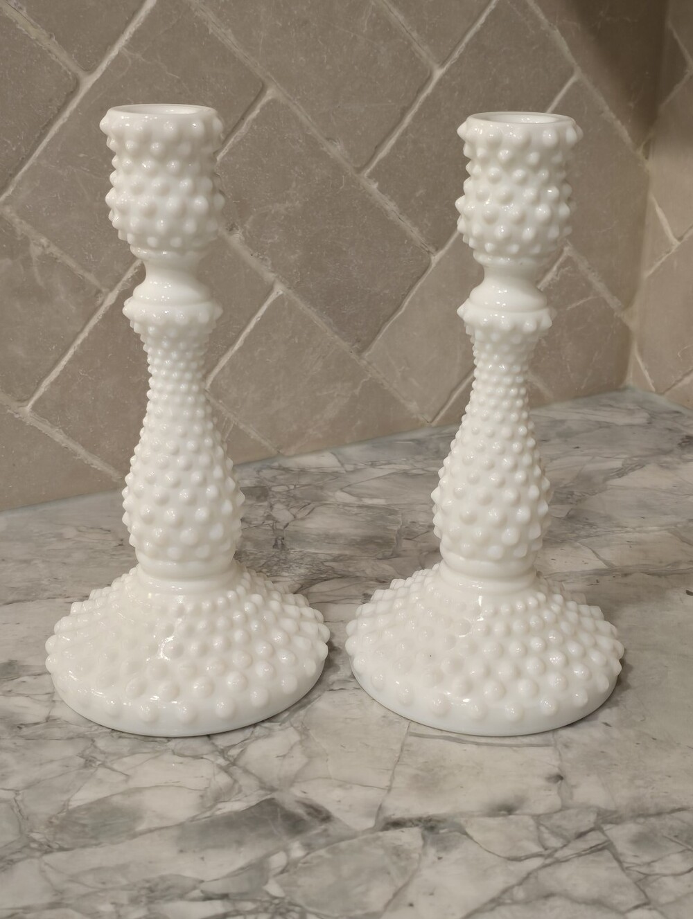Vintage Fenton Art Glass White Milkglass Hobnail Candlestick Pair Candle Holders